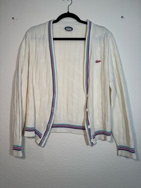Lacoste Cream Knit Sweater with Green Crocodile Logo Patch
